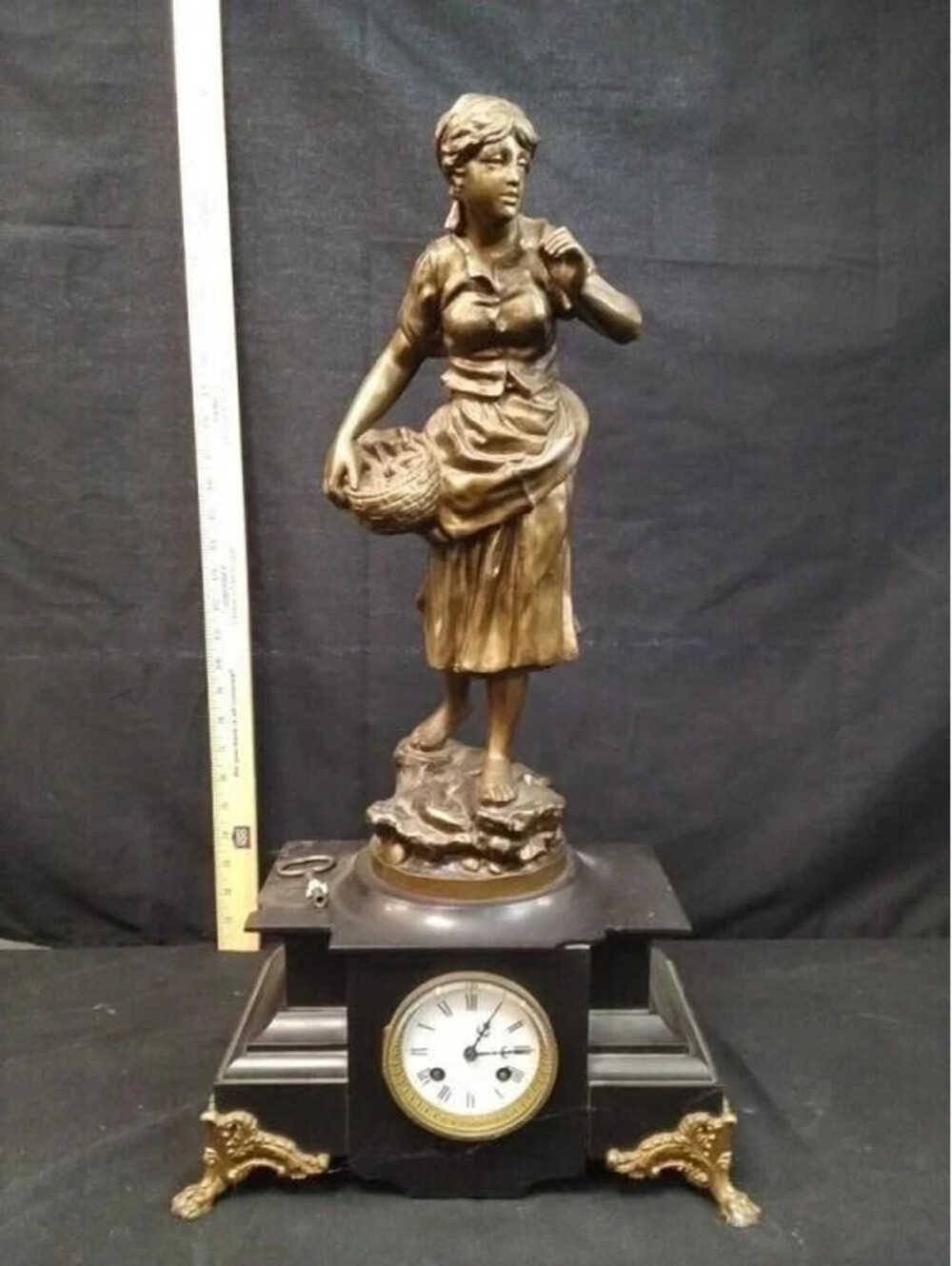 Bronze Woman With Basket Figural Mantel Clock On Black Base Missing Back Plate
